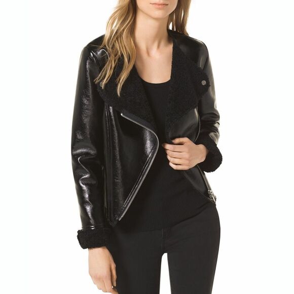 New! MICHAEL KORS Faux Leather Black Biker Jacket Size XS Faux Shearling Collar - Picture 1 of 8